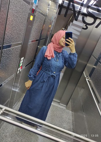 Armine Uzun Kollu Mavi Denim Elbise