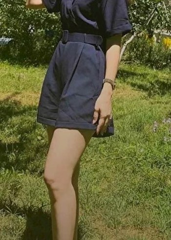 Lacivert Kemerli Kısa Denim Tulum - Görsel 4