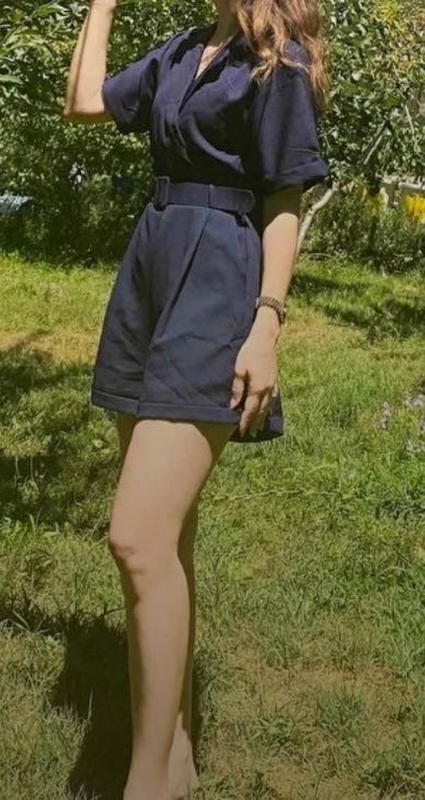 Lacivert Kemerli Kısa Denim Tulum - Görsel 4