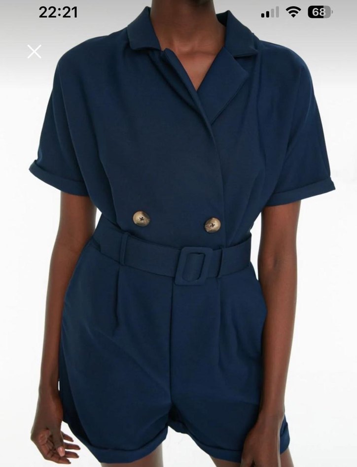 Lacivert Kemerli Kısa Denim Tulum - Görsel 2