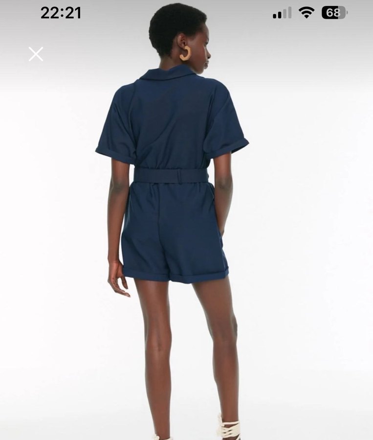 Lacivert Kemerli Kısa Denim Tulum - Görsel 3