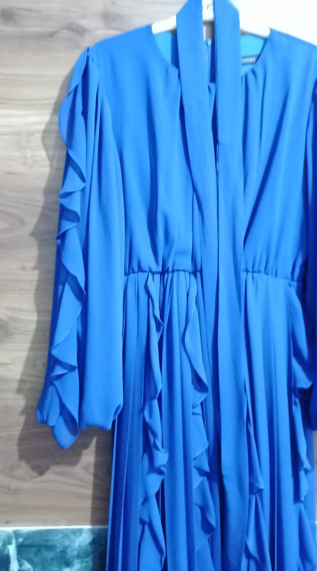 Koyu Mavi Fırfırlı Uzun Bohem Elbise - Görsel 2