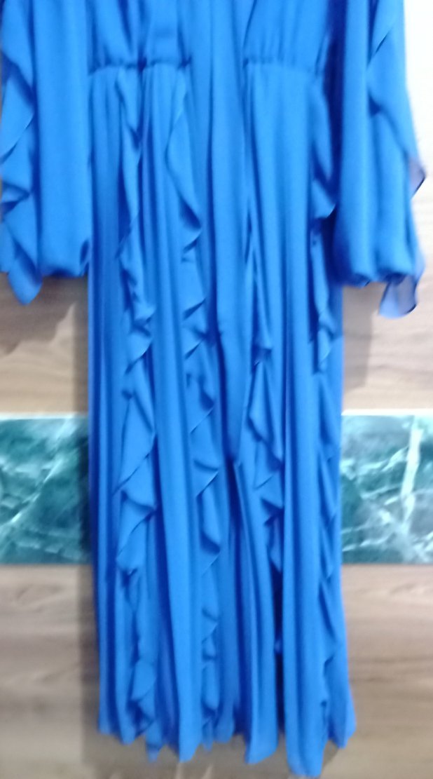 Koyu Mavi Fırfırlı Uzun Bohem Elbise - Görsel 3