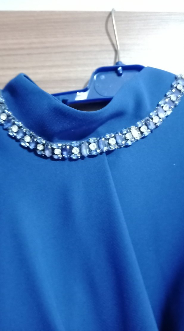 Mavi Uzun Drapeli Abiye Elbise - Görsel 3