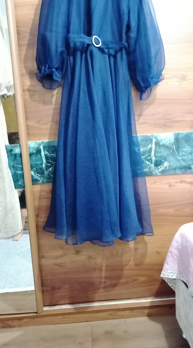 Uzun Mavi Kemerli Bohem Elbise - Görsel 4