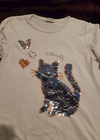  Beden Renk Beyaz Parlak Pullu Kedi Desenli Sweatshirt
