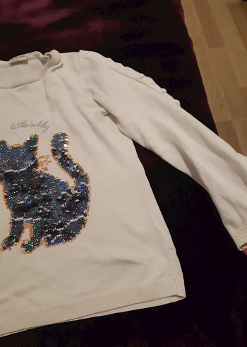  Beden Beyaz Parlak Pullu Kedi Desenli Sweatshirt