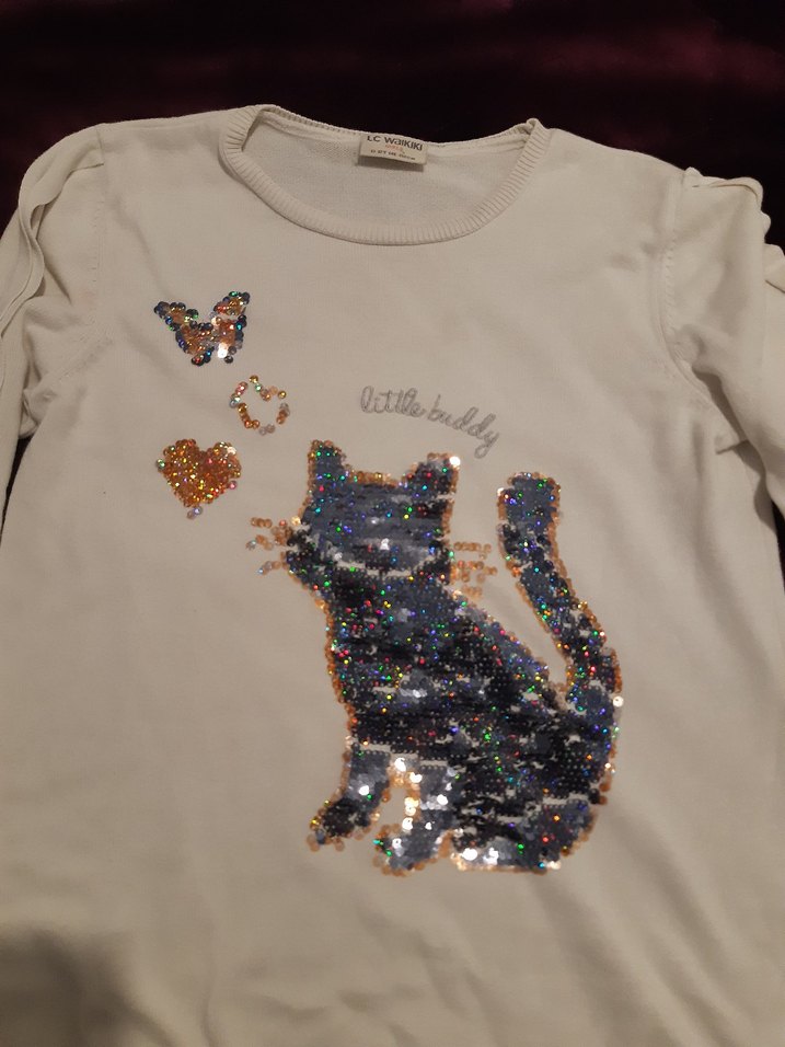 Beyaz Parlak Pullu Kedi Desenli Sweatshirt - Görsel 4