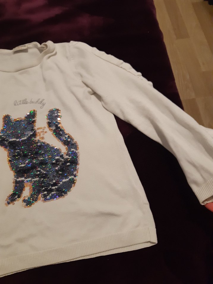 Beyaz Parlak Pullu Kedi Desenli Sweatshirt - Görsel 3