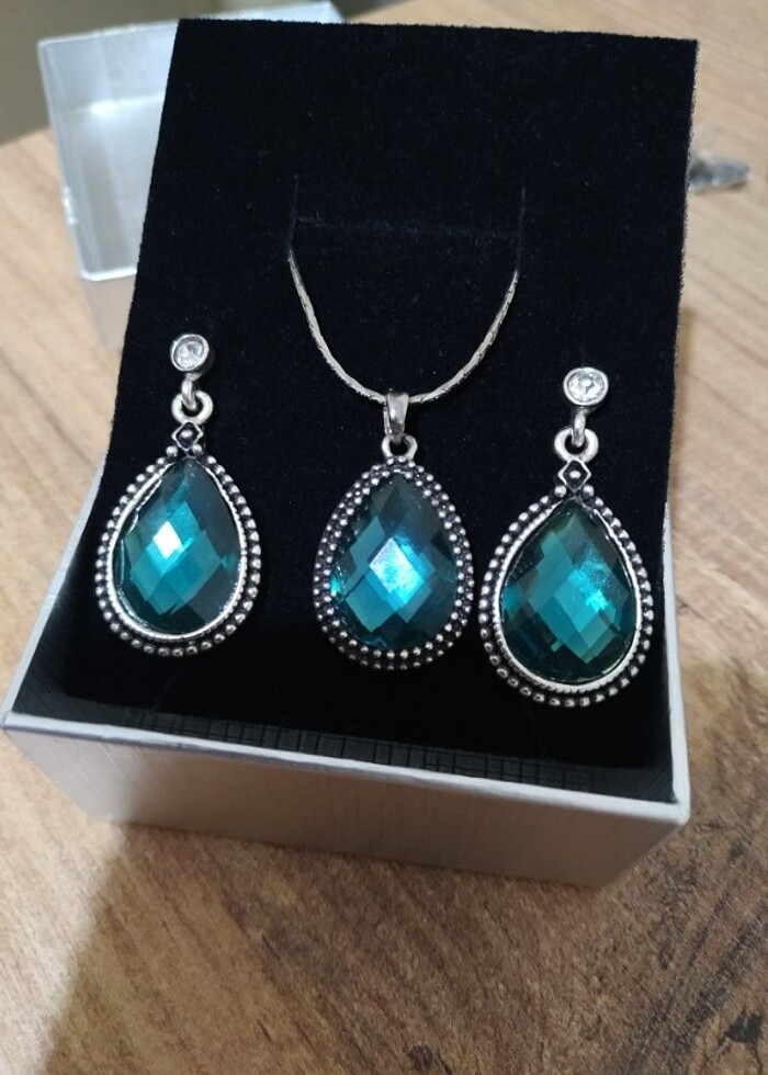 18 ayar altın kaplama Okyanus mavisi 18KGP kolye küpe takı seti  - Görsel 2