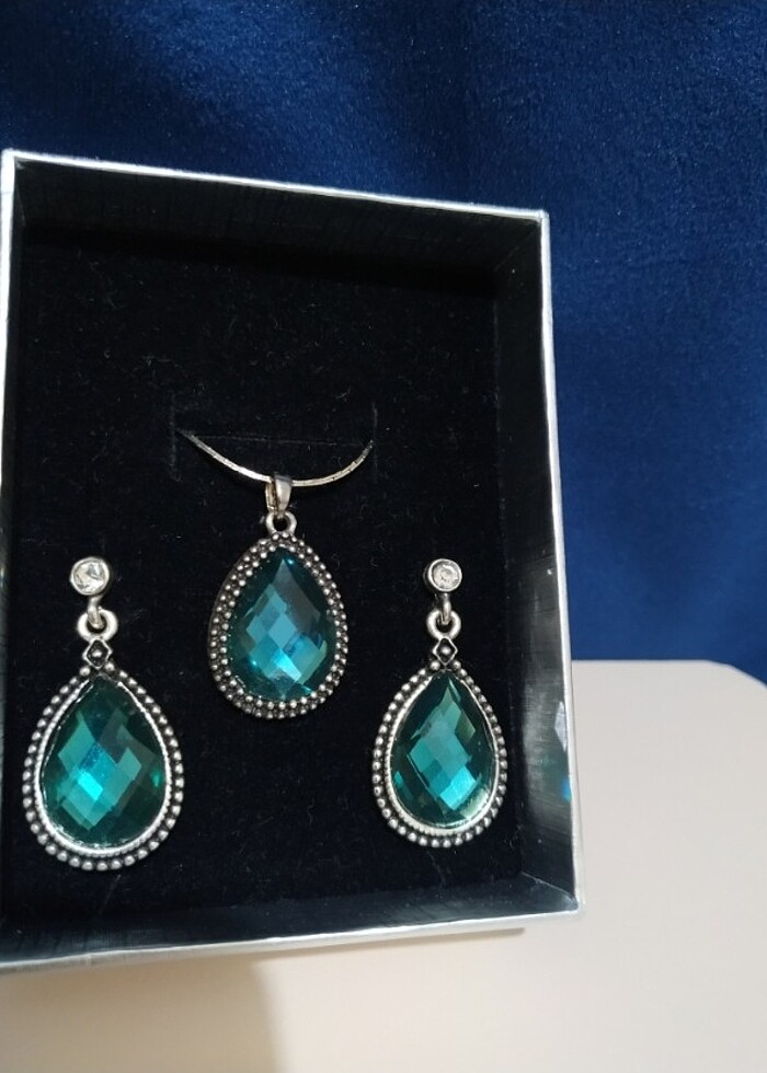 18 ayar altın kaplama Okyanus mavisi 18KGP kolye küpe takı seti  - Görsel 4