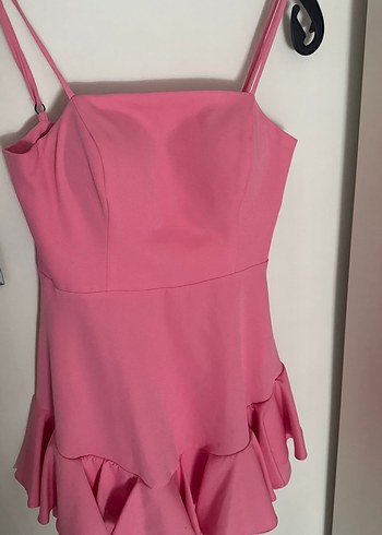 Pembe Mini Elbise, Fırfırlı, Askılı