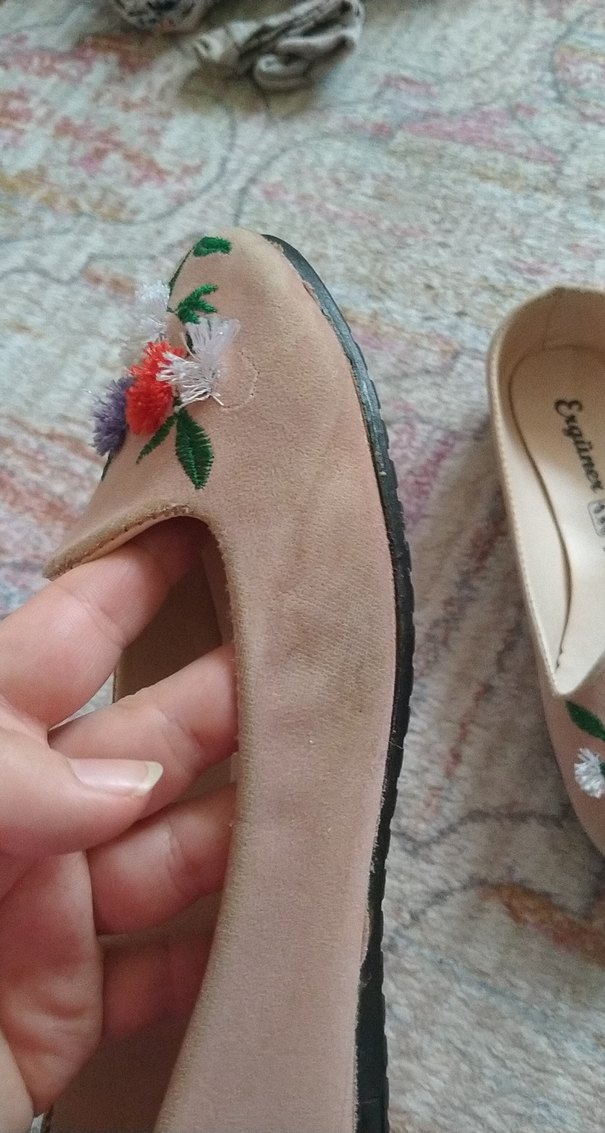 Bej Süet Nakışlı Düğmeli Kadın Babet - Görsel 2