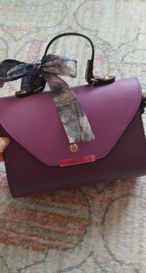 Mor Deri Kadın Çantası, Tokalı, Modern Klasik - Görsel 3