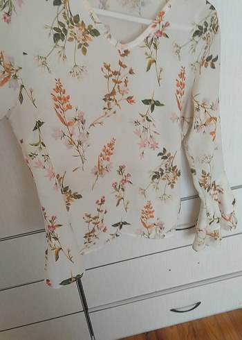 Bej Desenli V Yaka Bohem Kadın Bluz - Görsel 3