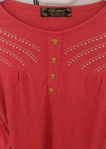 Düğmeli Nakışlı Kırmızı Kadın Bluz - Görsel 3