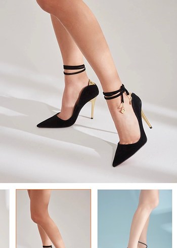 Siyah Süet Bağcıklı Stiletto Topuklu Ayakkabı - Görsel 2