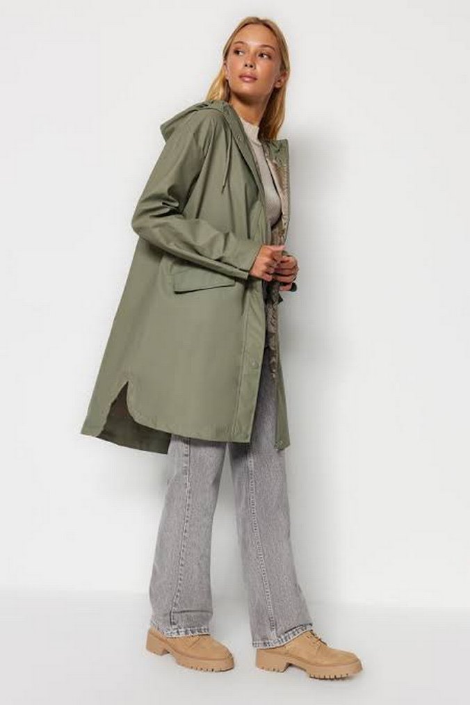 Kadın Haki Uzun Düğmeli Yağmurluk - Görsel 2