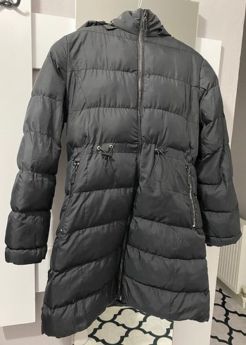 H&M Uzun Siyah Kadın Kışlık Fermuarlı Mont