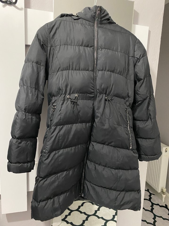 Uzun Siyah Kadın Kışlık Fermuarlı Mont - Görsel 2