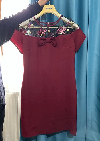 Bordo Midi Nakışlı Drapeli Kadın Elbise