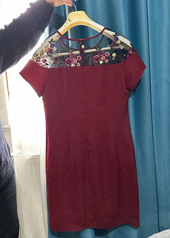 Diğer Bordo Midi Nakışlı Drapeli Kadın Elbise