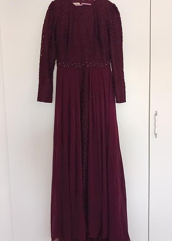 Bordo Uzun Kollu Vintage Abiye Elbise