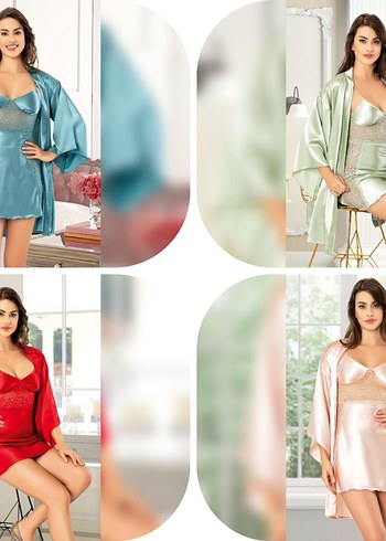 İşlemeli Mini Saten Gecelik  Sabahlık Takım
size S M L XL XXL - Görsel 4