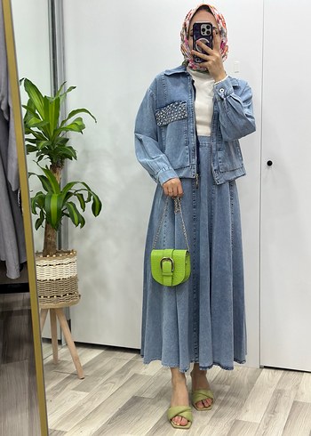 Diğer Pul Detaylı Mavi Kısa Denim Ceket Etek takım