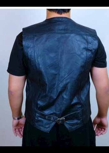 Düğmeli Siyah vintage  Deri Biker Yelek - Görsel 4