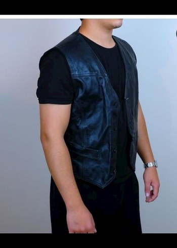 Düğmeli Siyah vintage  Deri Biker Yelek - Görsel 3