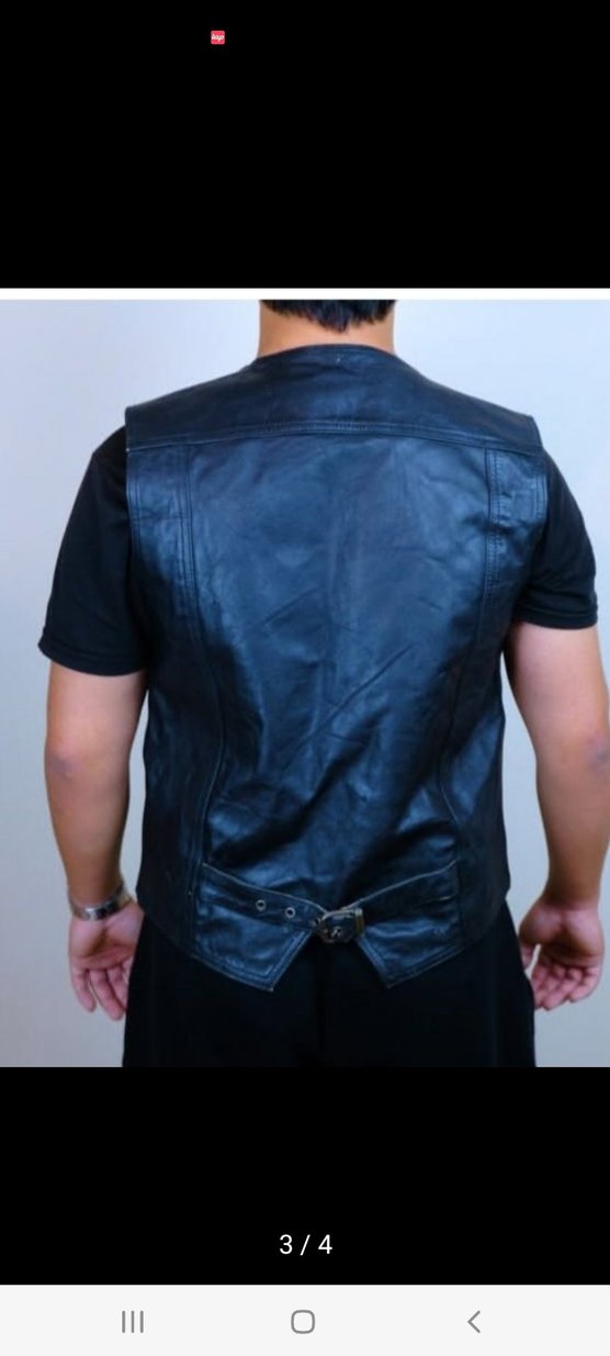 Düğmeli Siyah vintage  Deri Biker Yelek - Görsel 4