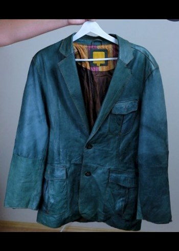 Düğmeli zumrut Yeşil vintage Deri Ceket - Görsel 5