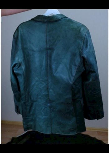 Düğmeli zumrut Yeşil vintage Deri Ceket - Görsel 4