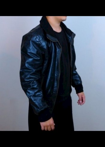 Erkek Siyah Deri Fermuarlı vintage Ceket - Görsel 2