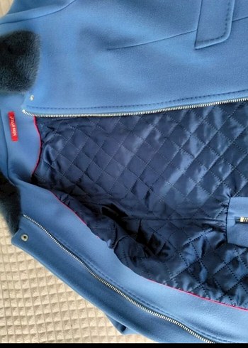 Kürklü Mavi Kadın Mini Kaban - Görsel 3