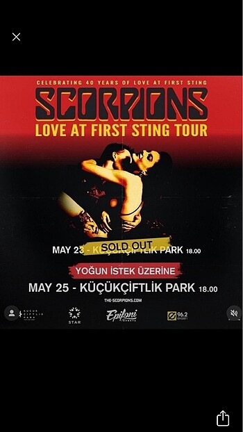 Scorpions 25 Mayıs Küçükçiftlik park bilet