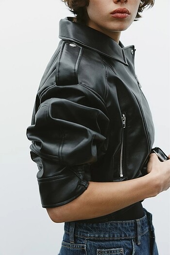 xs Beden siyah Renk SUNİ DERİ CROP BİKER CEKET