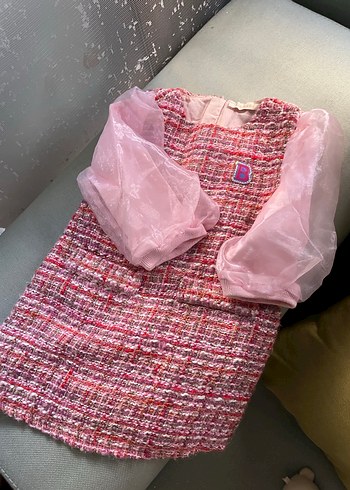 Kız Çocuk Pembe Örgü Uzun Kollu Elbise - Görsel 2