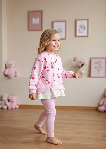 Pembe Kız Çocuk Sweatshirt ve Tayt Takımı