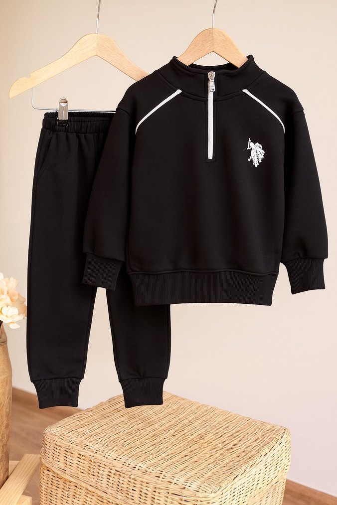 Siyah Nakışlı Fermuarlı Erkek Çocuk Eşofman Takımı - Görsel 2