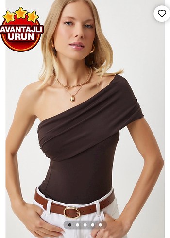 Drapeli Kahverengi Tek Omuz Bluz