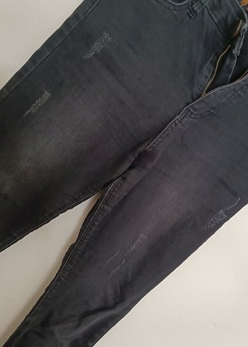30 Beden gri Renk Siyah Baskılı Düğmeli Denim Kadın Pantolon