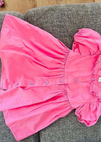 Pembe Düğmeli Kısa Kollu Kız Elbisesi