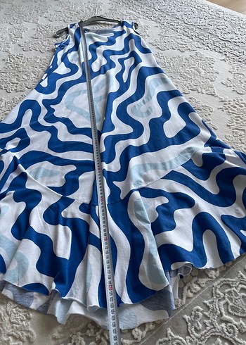 m Beden mavi Renk Mavi Beyaz Batik Desenli Uzun penye Elbise