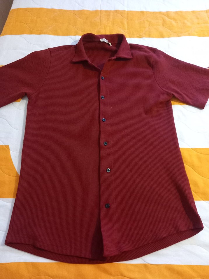 Bordo Düğmeli Kısa Kollu Erkek Gömlek - Görsel 3