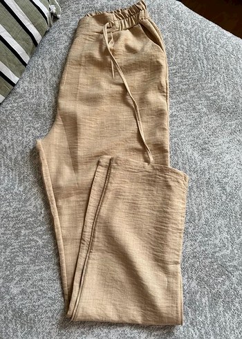 Bej Keten Rahat Kesim Midi Pantolon - Görsel 2