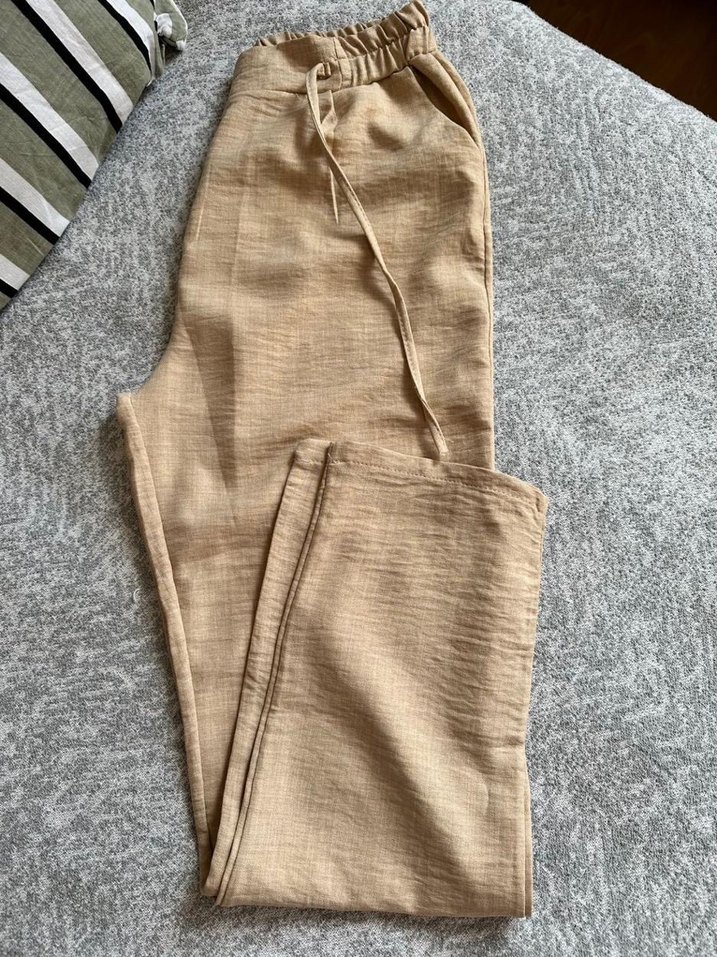 Bej Keten Rahat Kesim Midi Pantolon - Görsel 2