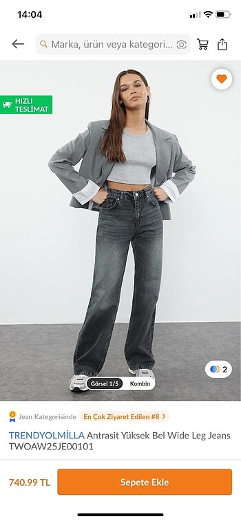 Antrasit yüksel bel wide leg jeans