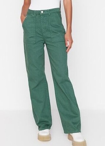 TRENDYOLMİLLA Yeşil Cep Detaylı Yüksek Bel Wide Leg Kot Pantolon